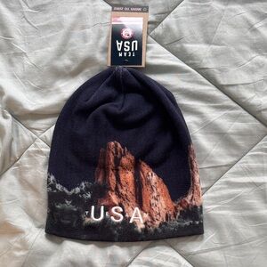Team USA Beanie with Scenic Rock Print - Navy & Rust